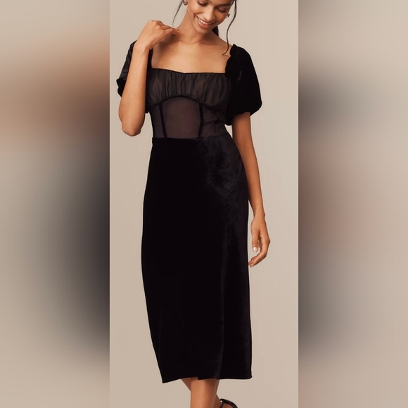 Anthropologie Dresses & Skirts - Anthropologie Black Puff-Sleeve Sheer-Panel Mesh Velvet Midi Dress